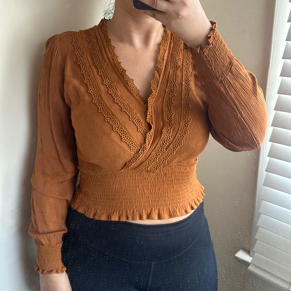 Smocked Waist Renaissance Peasant Top Long-Sleeve Lace Trim Renaissance Blouse